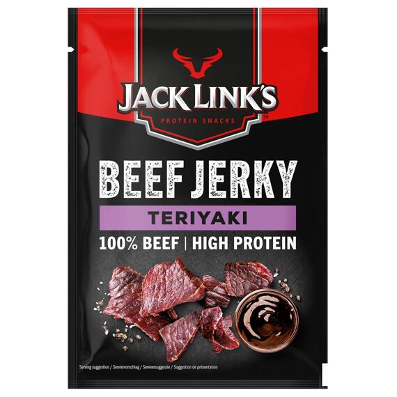 Balení sušeného hovězího masa Jack Link's Beef Jerky s příchutí teriyaki, zdůrazněno 100 % hovězího a vysokým obsahem bílkovin, doplněno obrázkem sušeného masa a omáčky. hmotnost 60 g