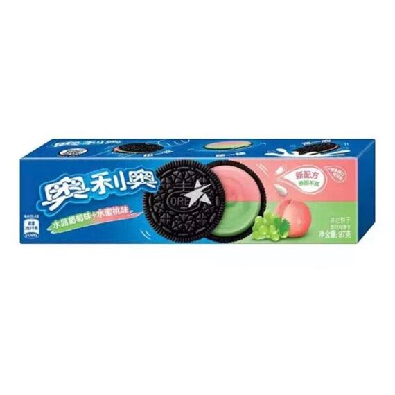 Oreo sušenky s náplní s příchutí hroznového vína a broskve 97 g