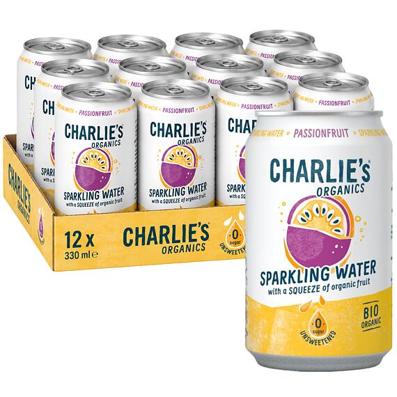 Charlie's Organics sycená pitná voda s mučenkovou šťávou 330 ml Celé balení 12 ks
