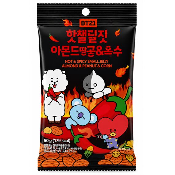 BT21 KOR pálivá kukuřice a mandle v těstíčku s příchutí Spicy Chicken 30 g